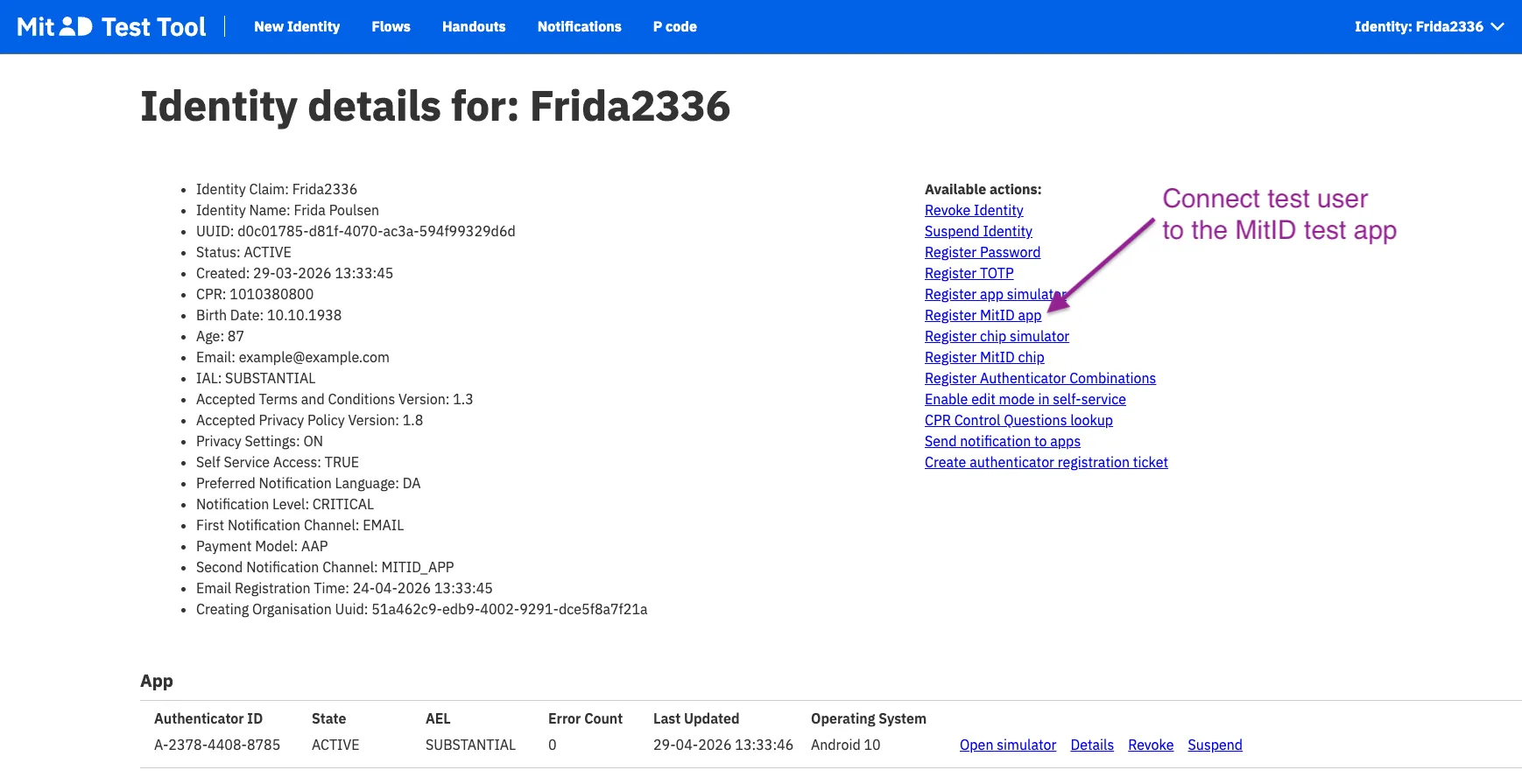 MitID test tool: register app