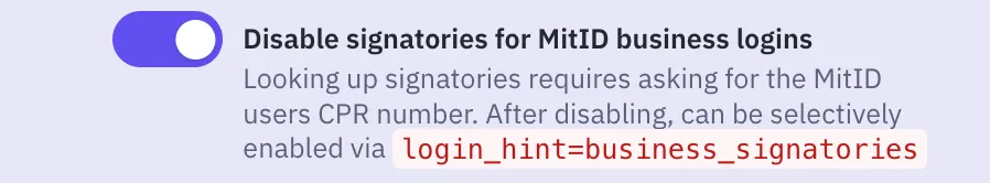 Disable signatories for MitID business logins