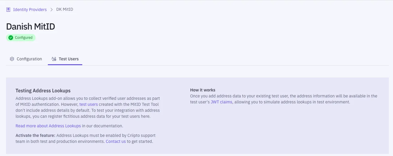Adding test user addresses