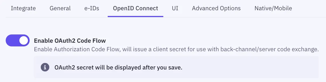 Enable OAuth2 Code Flow toggle