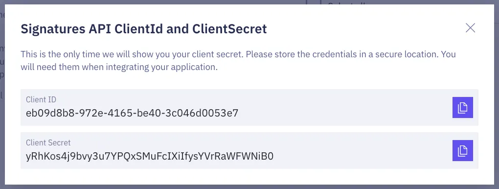Client ID and Secret for a Signatures Application